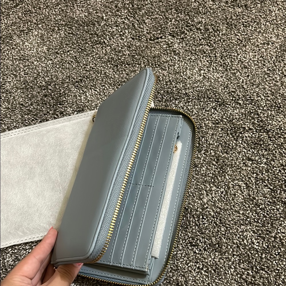 Dusty Blue Wallet with Gold Zipper